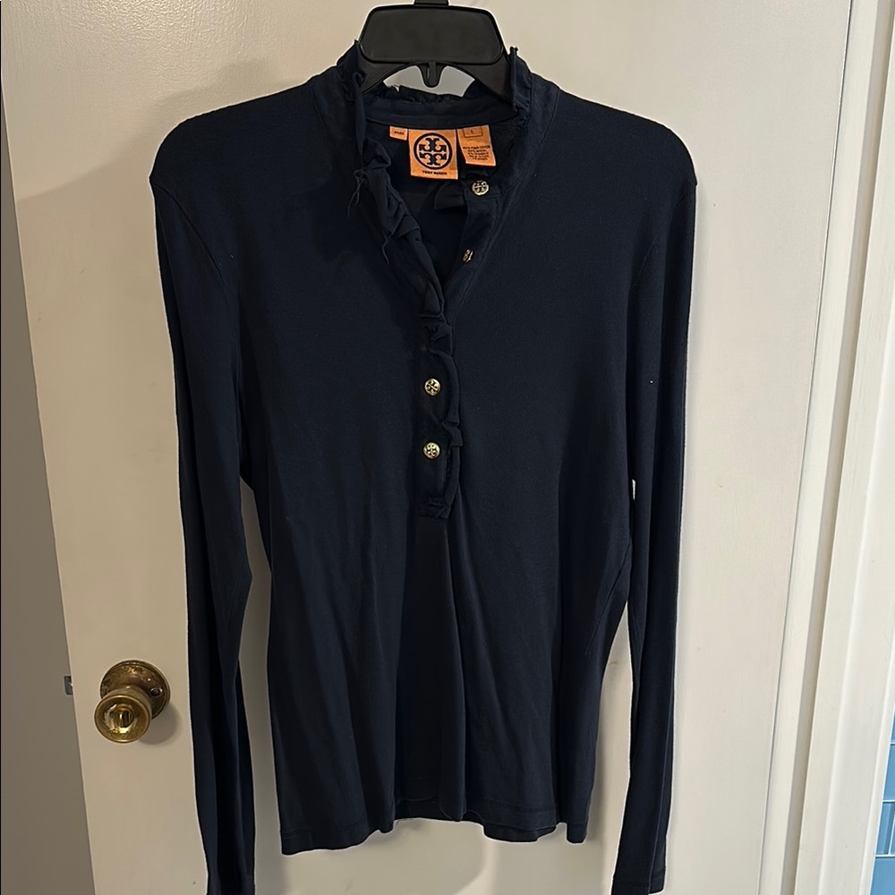 Tory Burch Blue Button Down Shirt with Ruffled Features